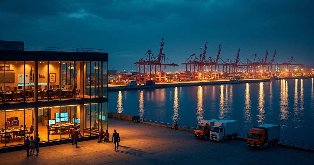 Container port at night with control building lit by cyber defense screens 