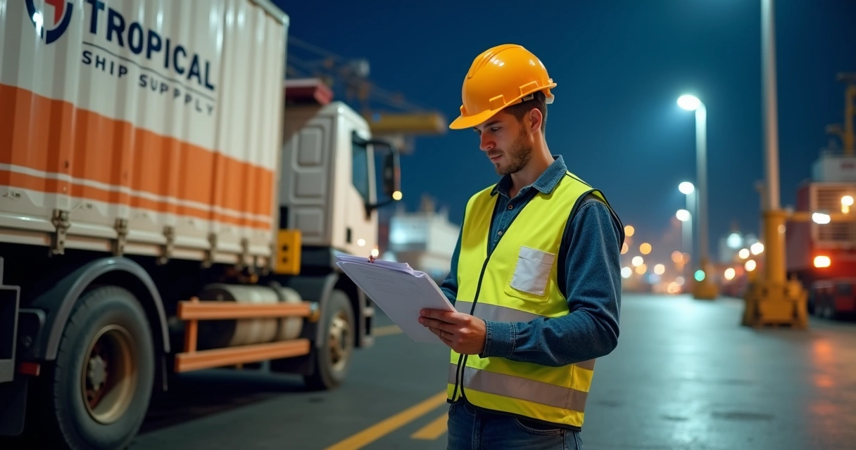 Crew member verifying documents next to port delivery