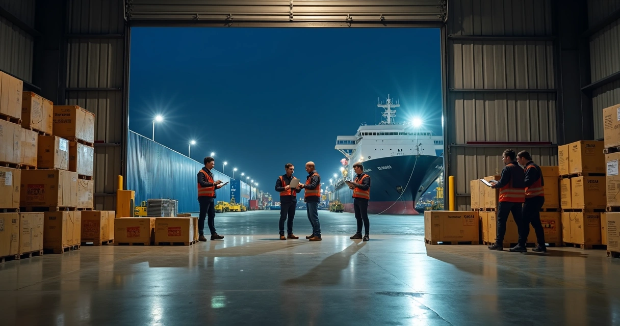 Ship supply team preparing orders at night in a busy port warehouse.