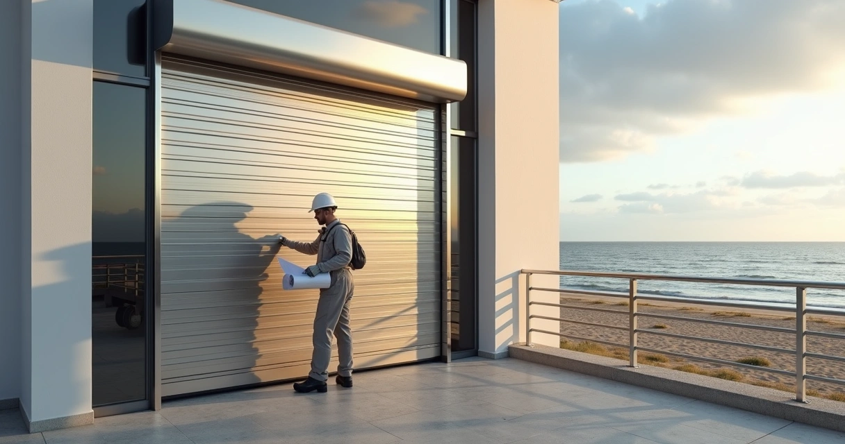Instalador posiciona porta automática em fachada comercial à beira-mar 