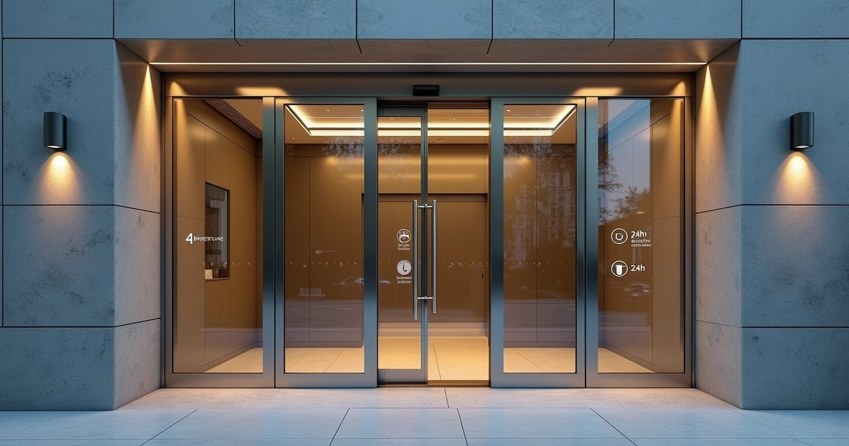 Porta automática blindada em entrada de agência bancária moderna 