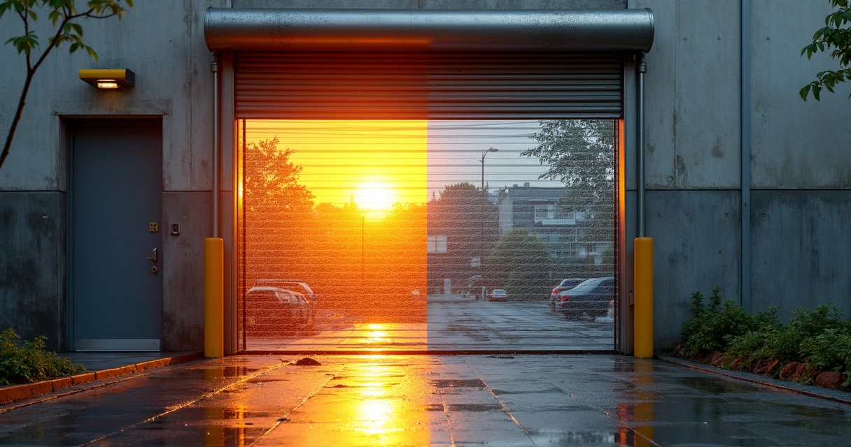 Porta automática metálica exposta ao sol forte e chuva intensa 