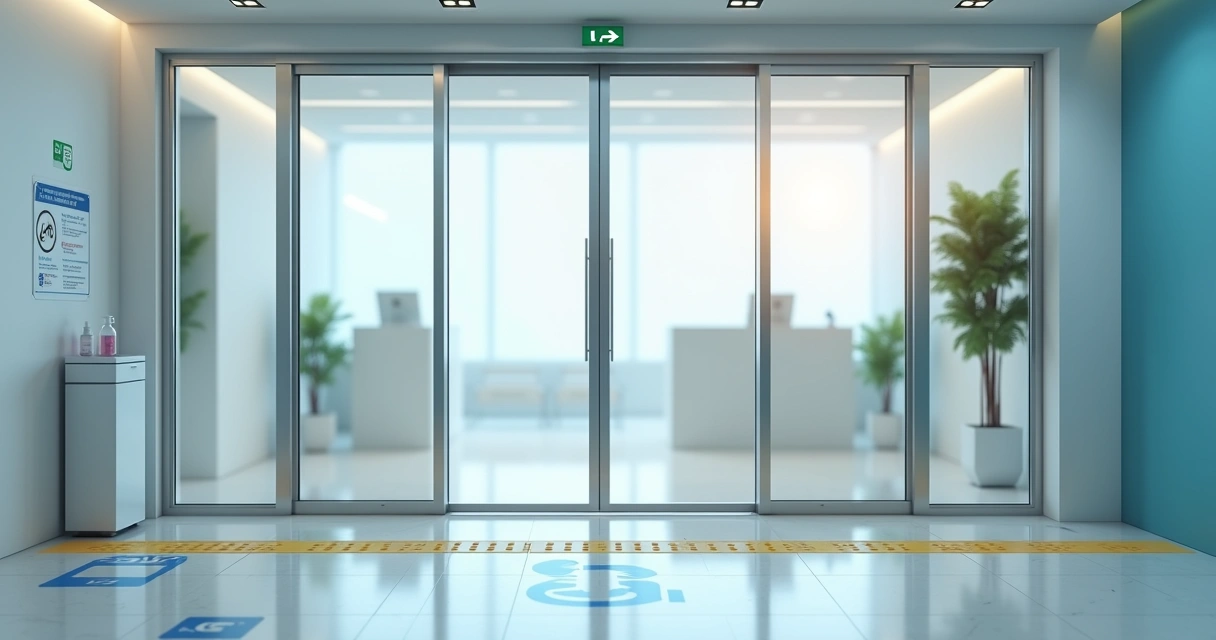 Entrada de clínica com porta automática de vidro e acessibilidade sinalizada 