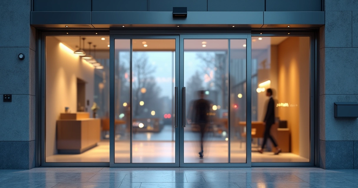 Porta automática deslizante de vidro em entrada comercial moderna 