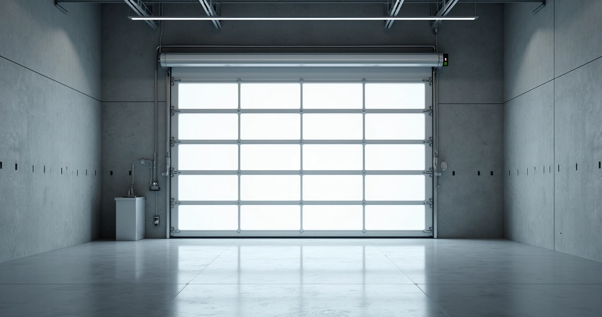 Porta automática deslizante branca em ambiente industrial 