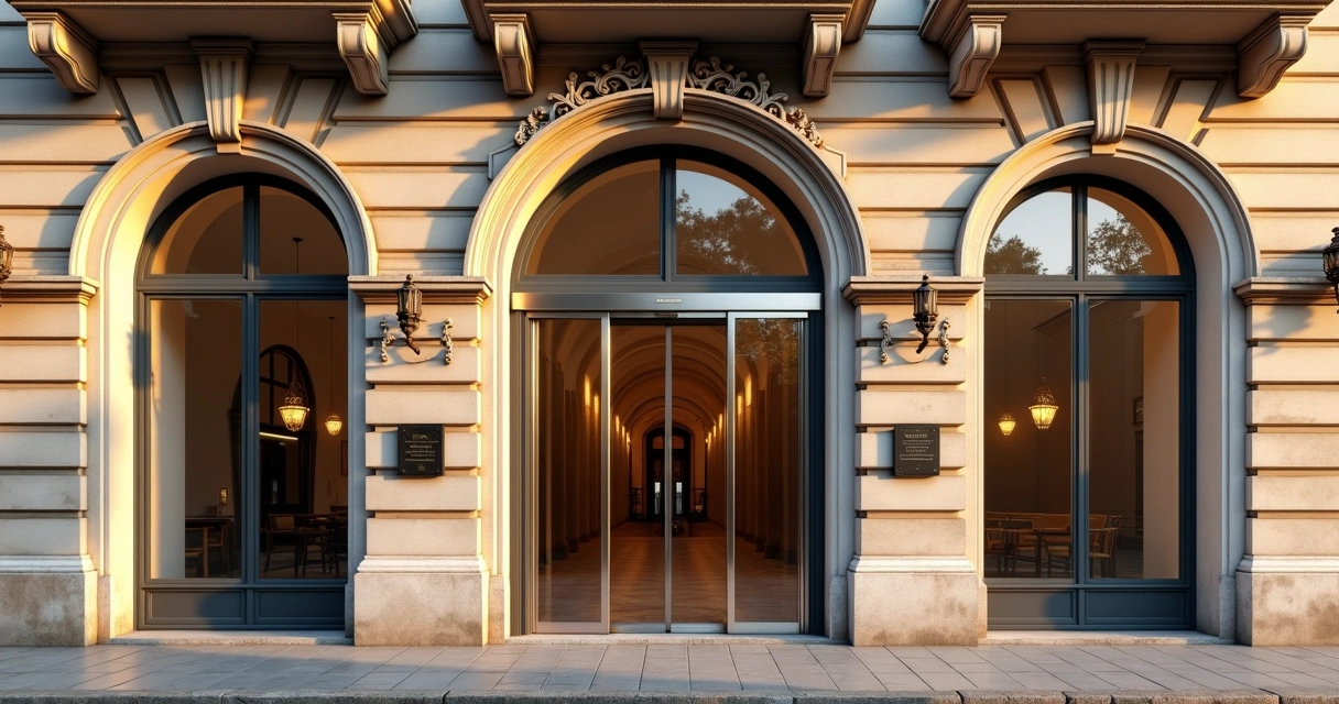 Porta automática de vidro instalada em fachada de edifício histórico restaurado 