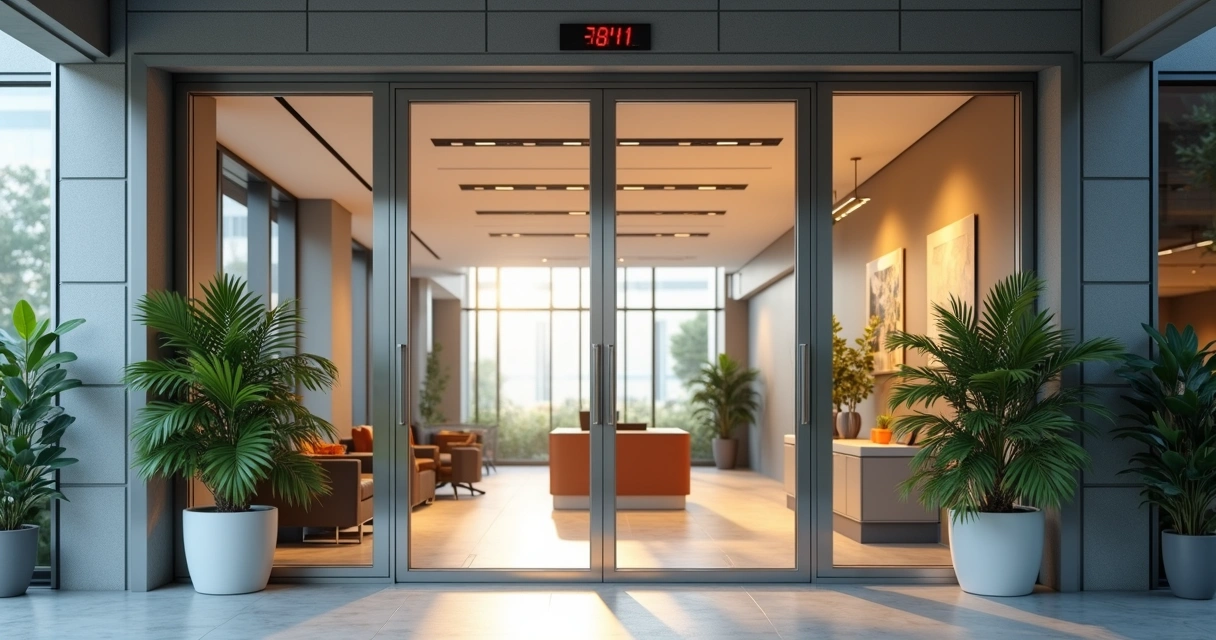 Porta automática de vidro em entrada de empresa moderna 