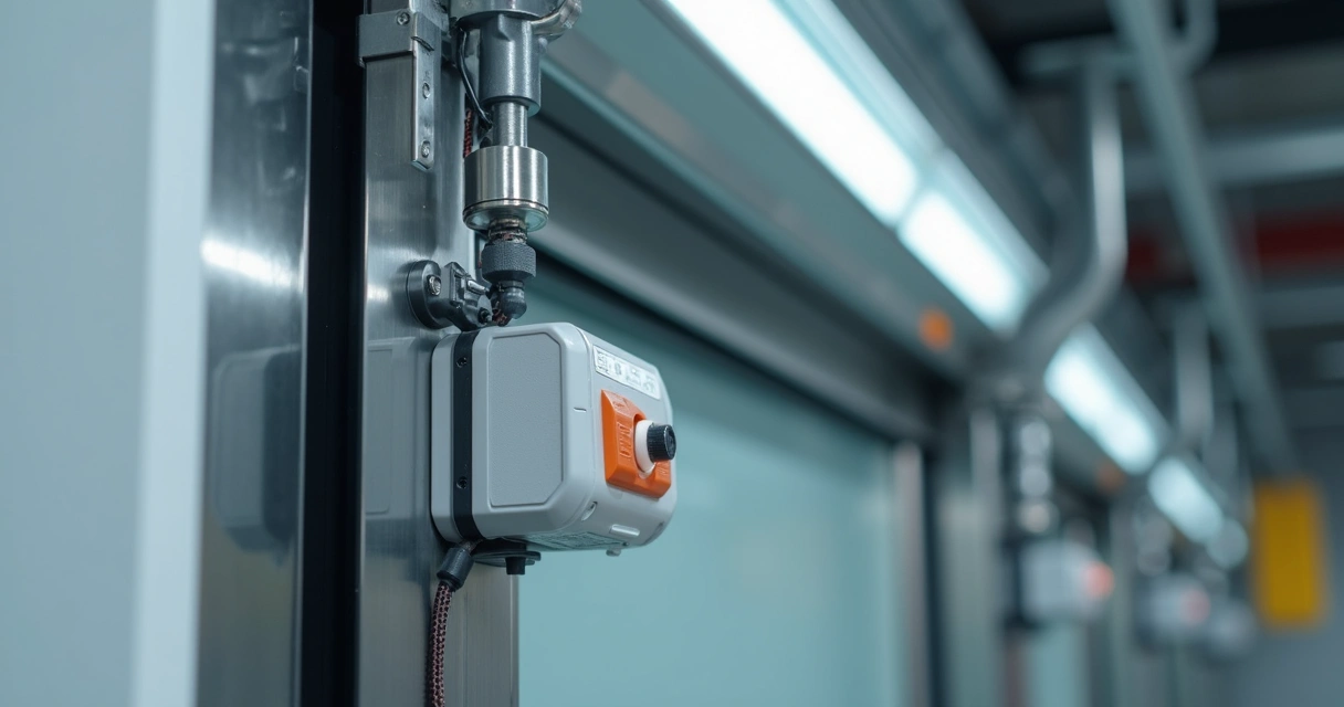 Detalhe de porta automática industrial com sistemas de segurança 