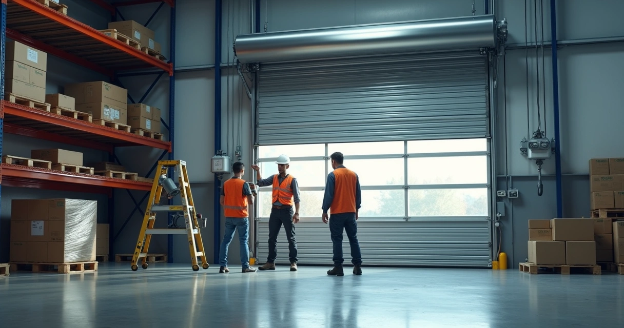 Equipe instalando porta automática industrial 