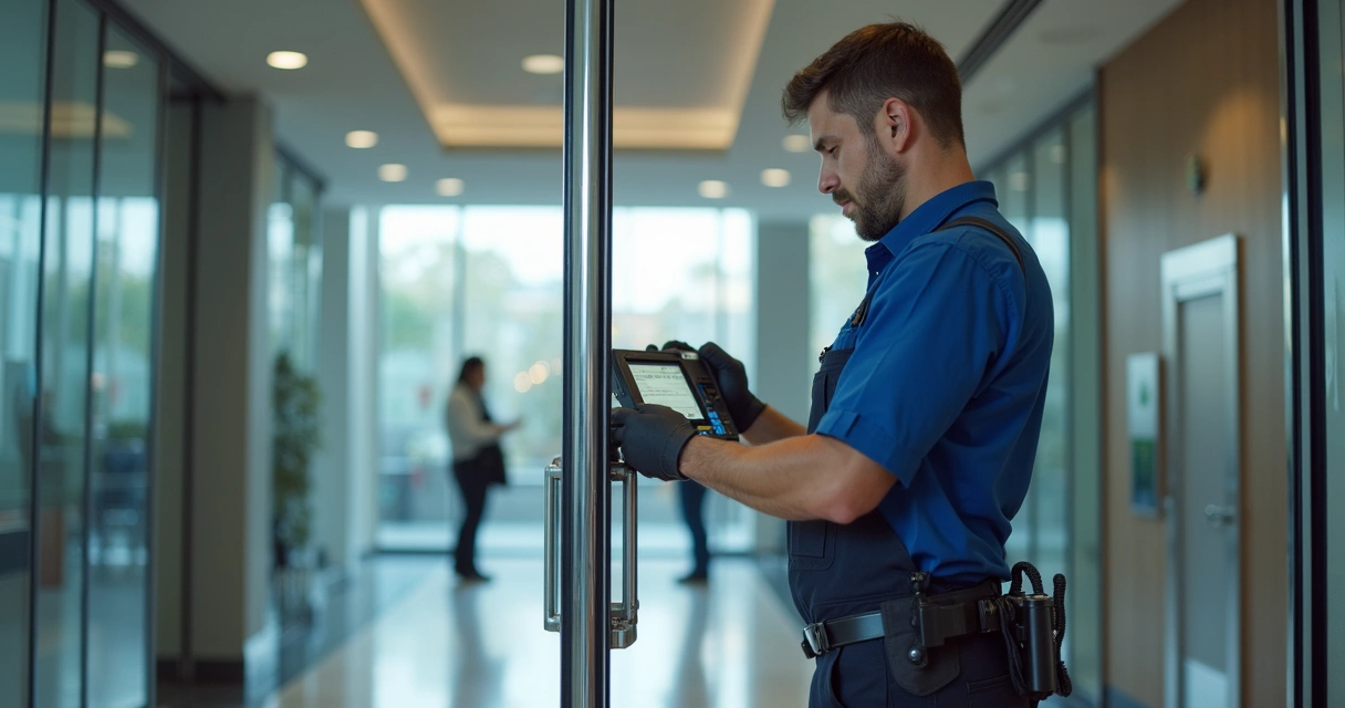 Técnico realizando manutenção preventiva em porta automática de vidro 