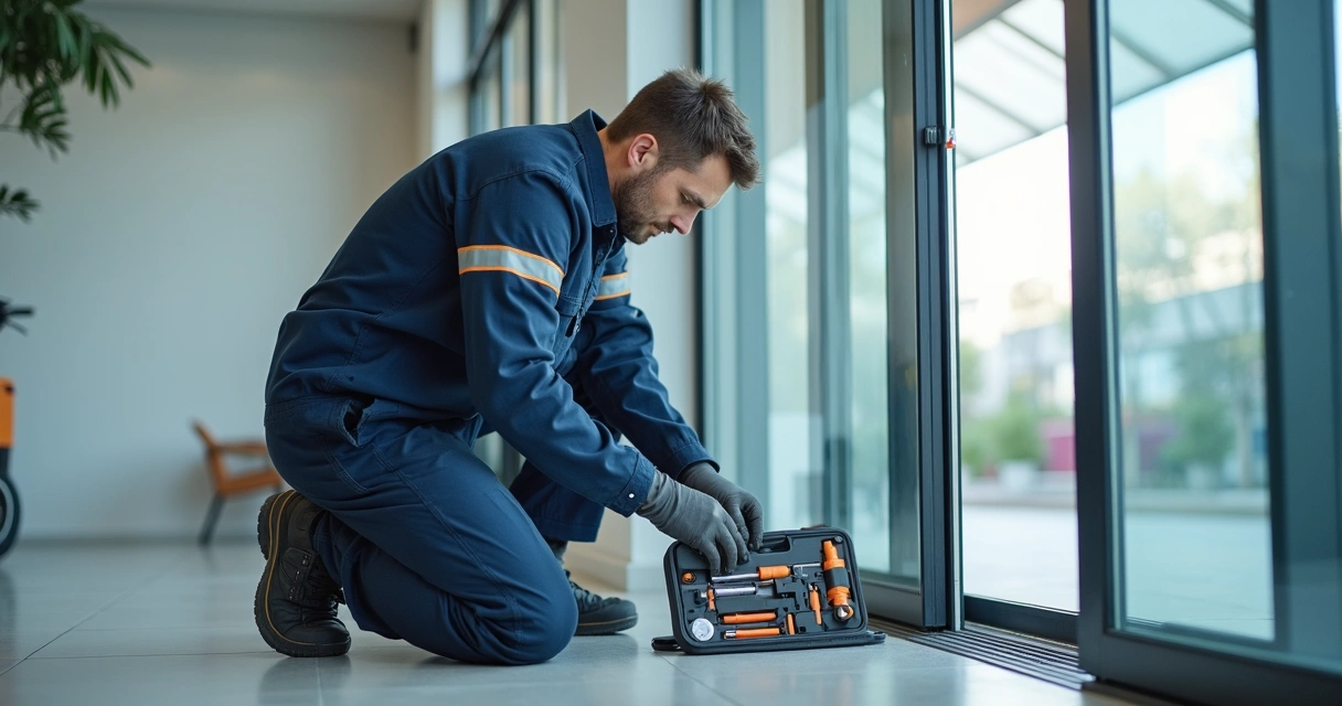 Técnico fazendo manutenção em trilho de porta de vidro automática 