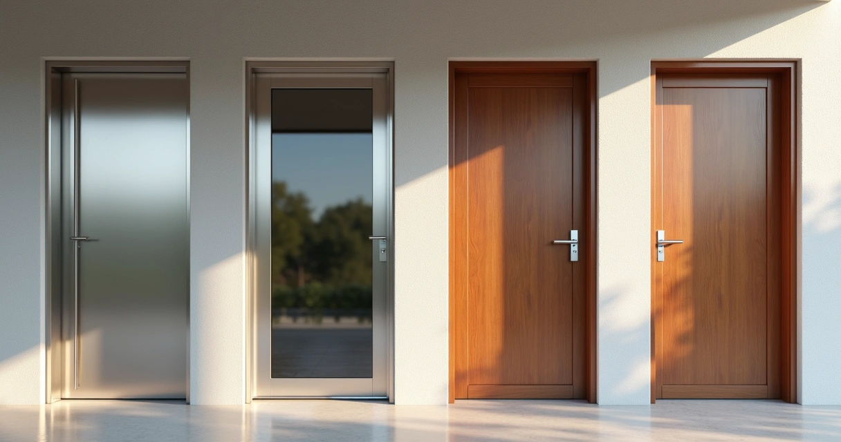 Tipos de materiais de portas automáticas alinhados lado a lado