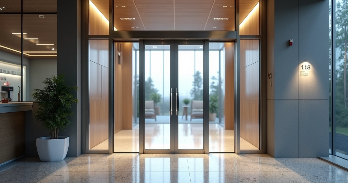 Porta automática moderna de vidro com acabamento metálico em entrada de prédio comercial 