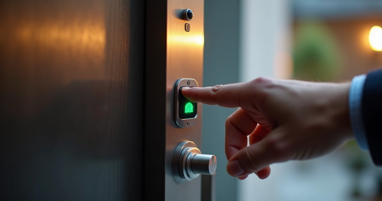 Pessoa utilizando leitor biométrico em porta automática de aço