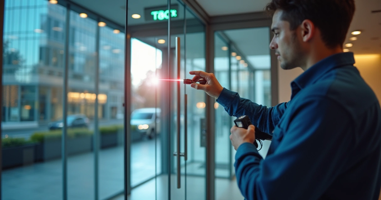 Técnico realizando teste de sensores em porta automática 
