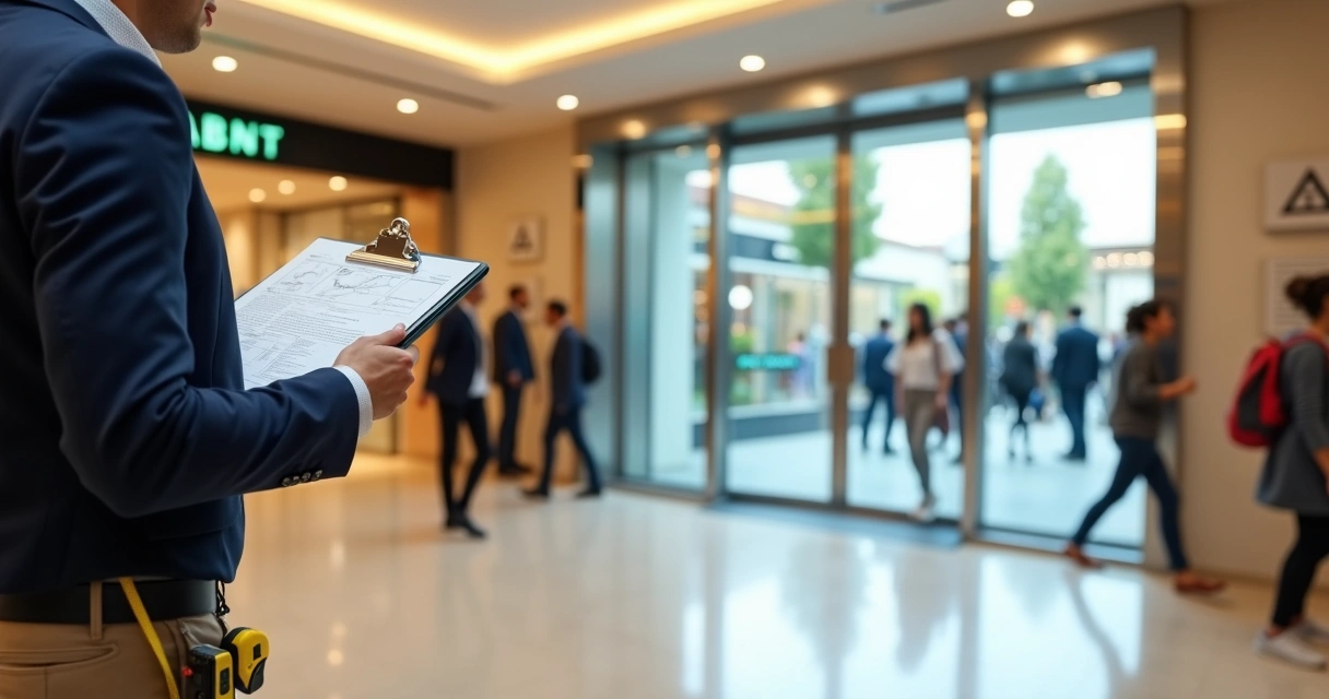 Gestor de shopping analisa normas ao lado de porta automática de vidro 