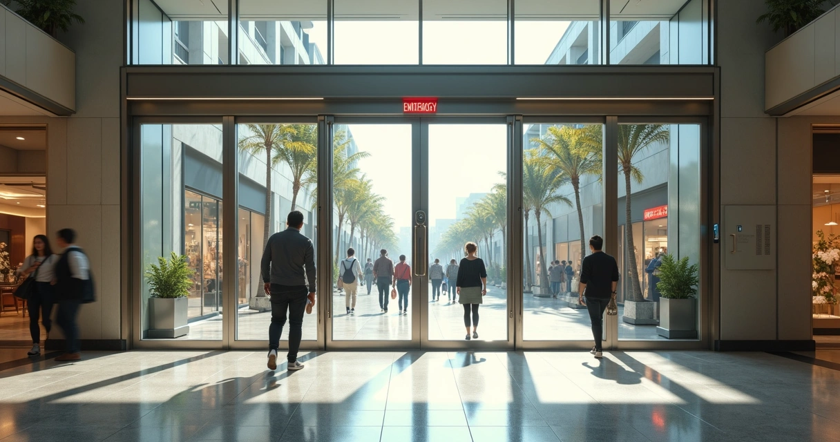Vista do hall de um shopping com portas automáticas de vidro abertas, pessoas entrando e saindo 