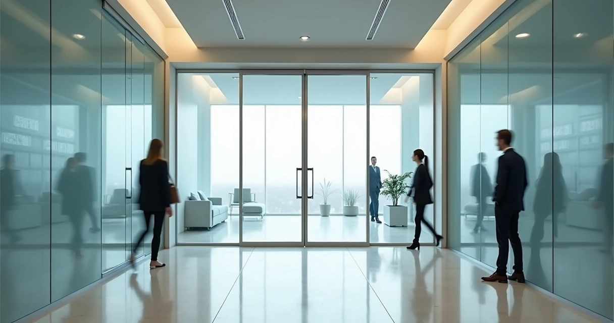 Porta automática de vidro em ambiente corporativo 