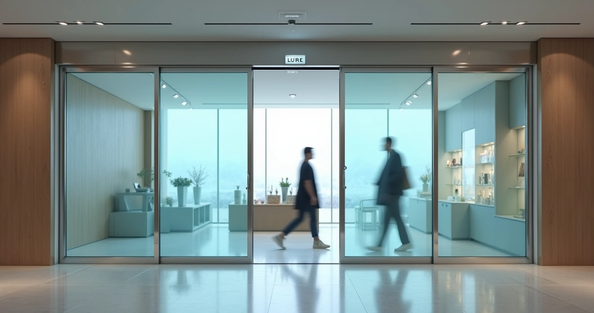 Porta automática de vidro em entrada de loja moderna