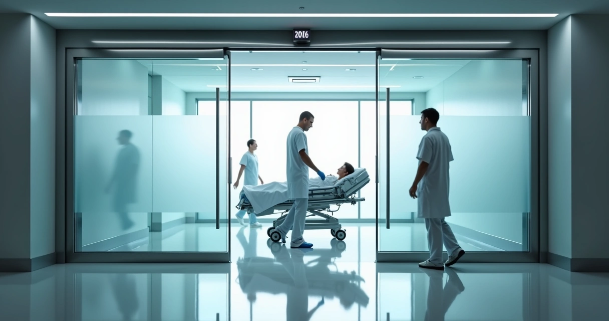 Porta automática de vidro em ambiente hospitalar moderno