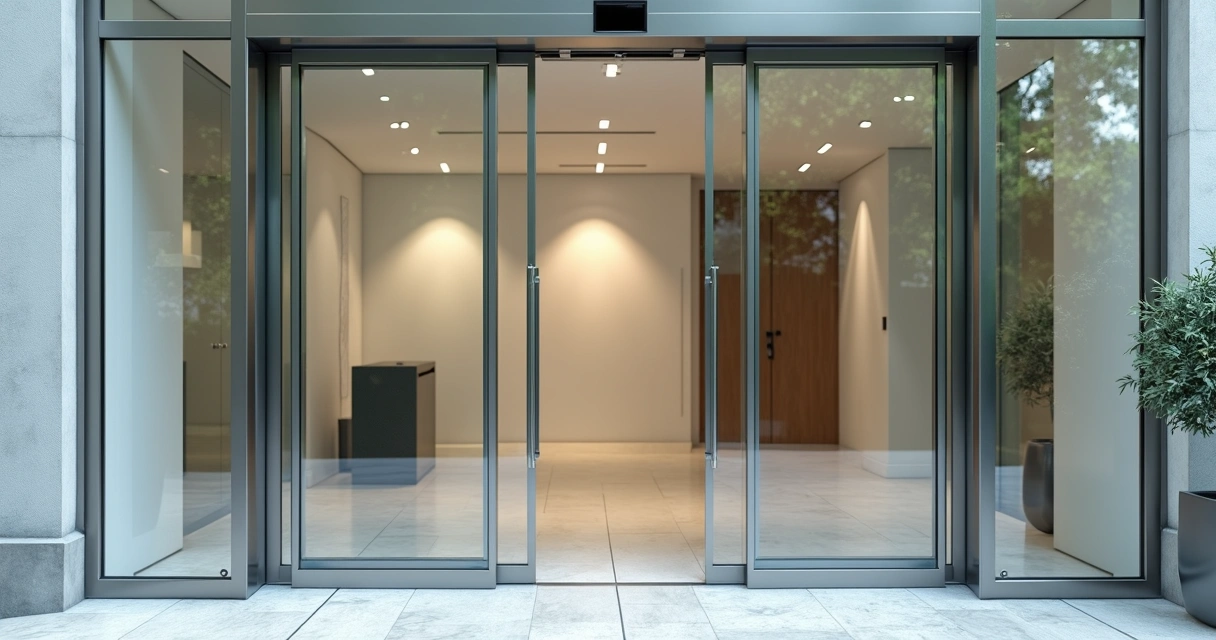 Porta automática de vidro em entrada moderna de loja com sensores no topo 