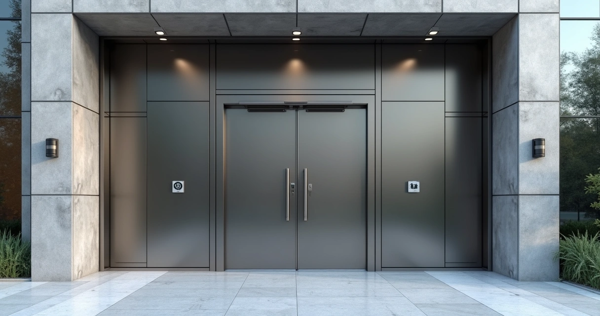 Porta automática blindada instalada em fachada empresarial 