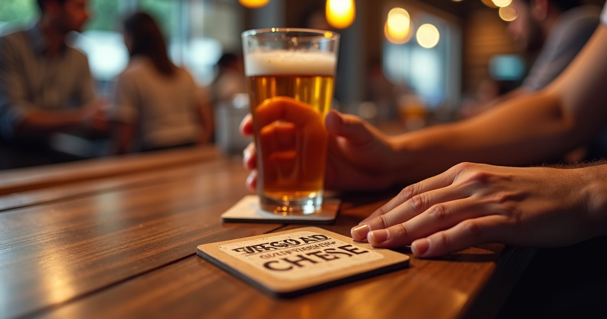 Porta-copo personalizado de marca em cima de mesa de bar com bebida 