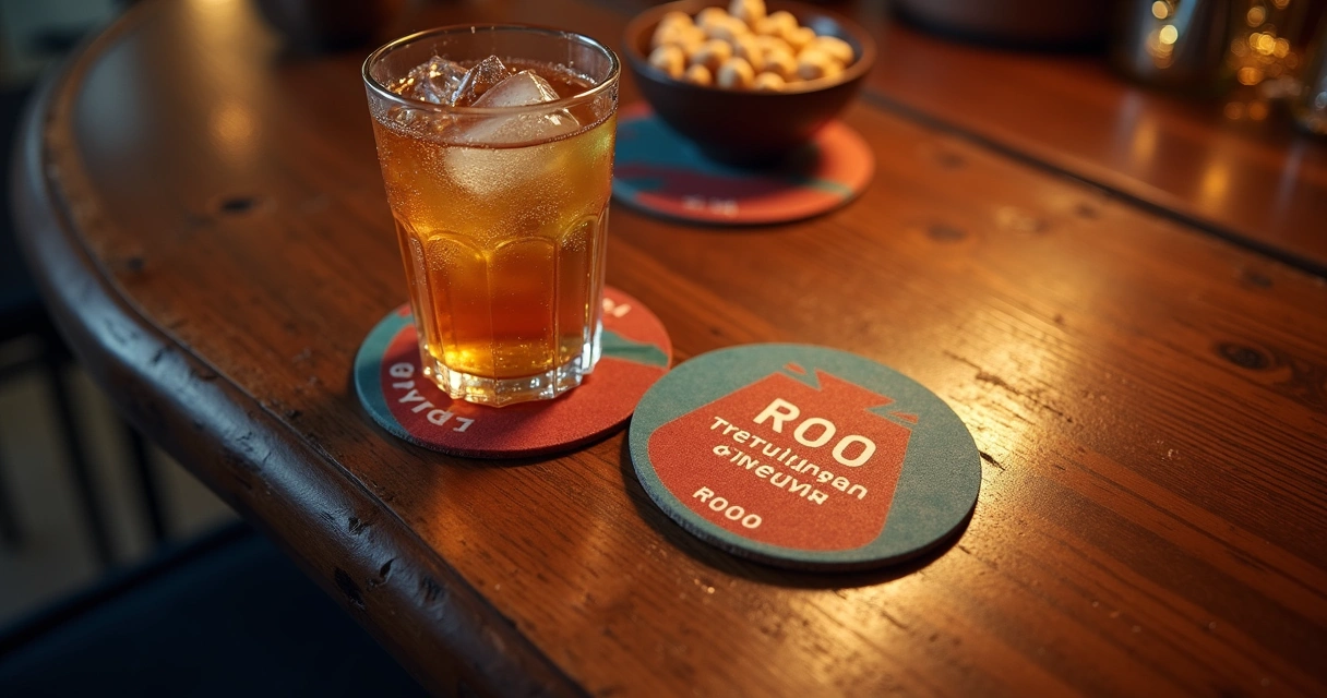 Porta-copo com anúncio colorido em mesa de bar visto de cima 