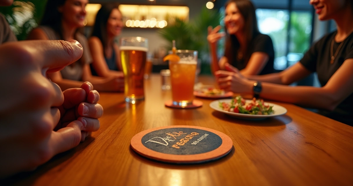 Porta-copo personalizado com anúncio em mesa de bar moderna em Manaus 