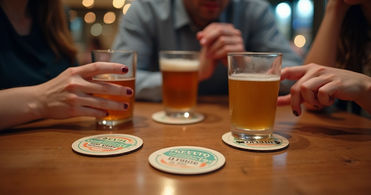 Porta-copo personalizado sobre mesa de restaurante com copos 