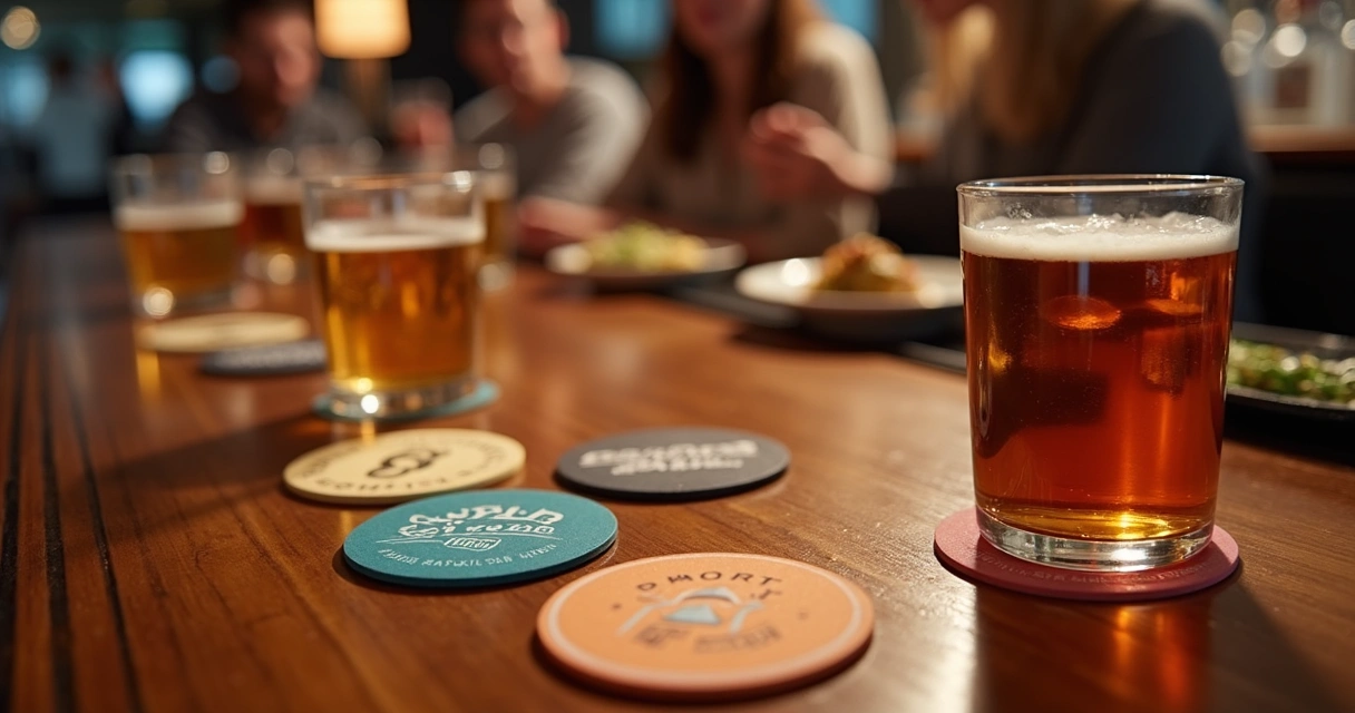 Porta-copos personalizados sobre mesa em bar elegante, ao lado de copos e garrafas 