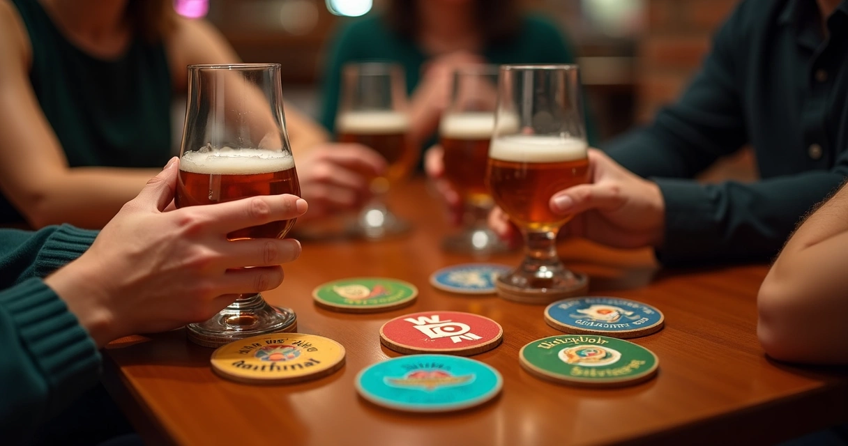 Porta-copos personalizados de marca em mesa de bar 