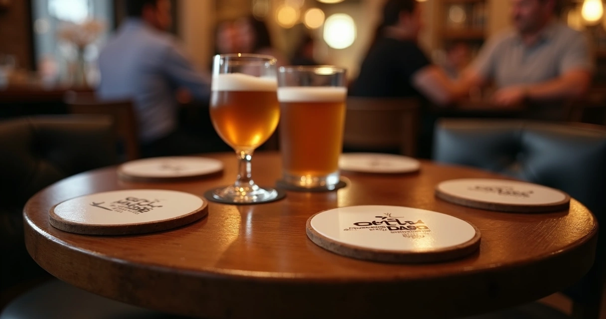 Porta-copos personalizado em uma mesa de bar com copos ao redor 