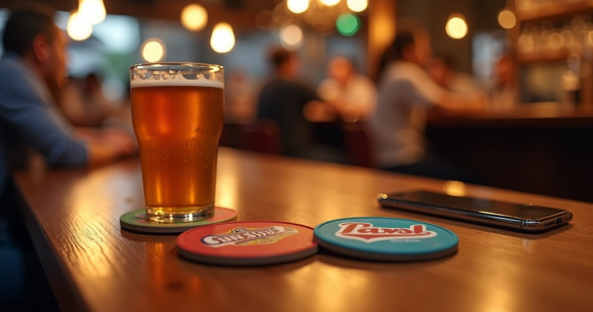 Porta-copos personalizados em cima de uma mesa de bar ao lado de um copo de cerveja 