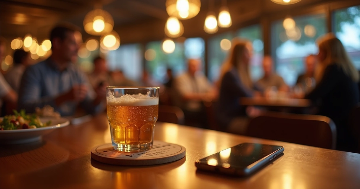 Porta-copos com anúncio sobre mesa de bar movimentada 