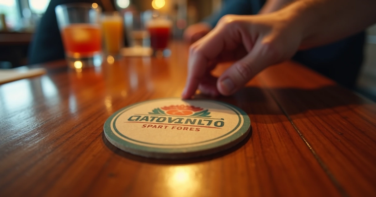 Porta-copos de bar com branding de empresa em destaque 