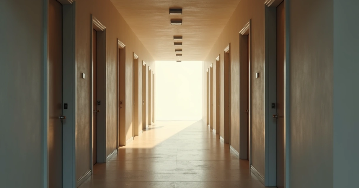 Corredor com várias portas em luz suave e atmosfera onírica 