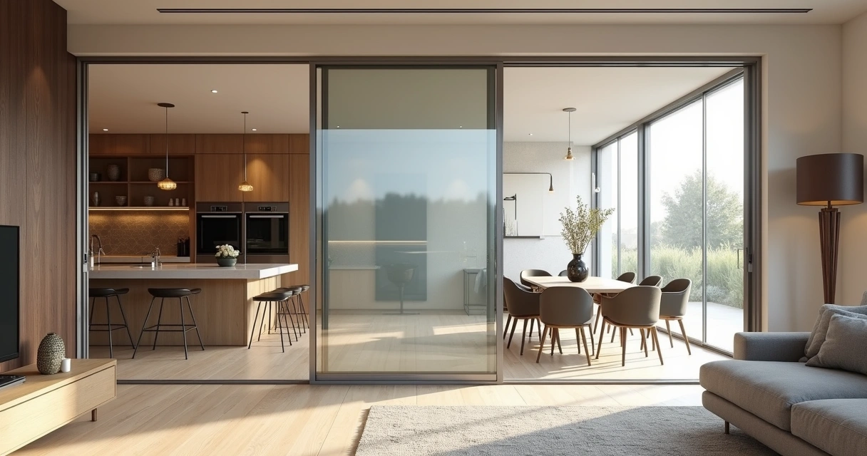 Sala com móveis planejados e porta de correr de vidro temperado