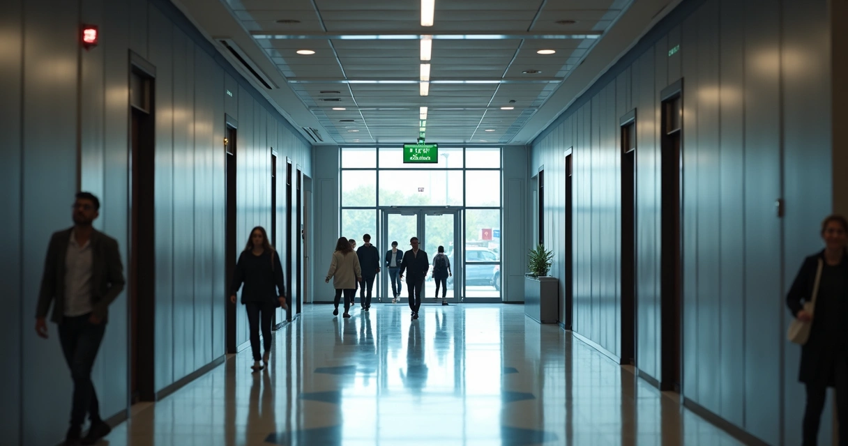 Porta de emergência automática instalada em ambiente comercial
