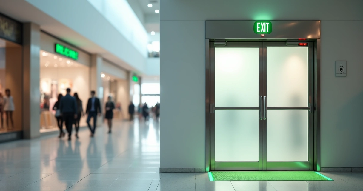 Corredor de shopping com porta de emergência automática destacada 