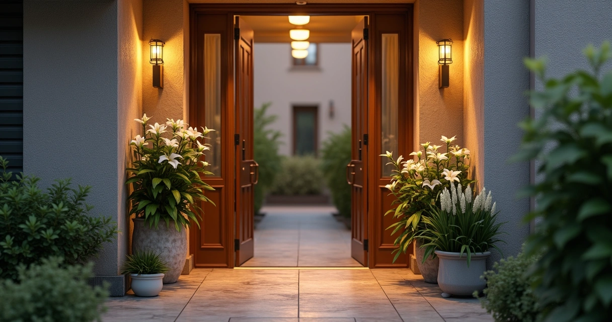 Entrada de condomínio decorada com plantas e ambiente iluminado 
