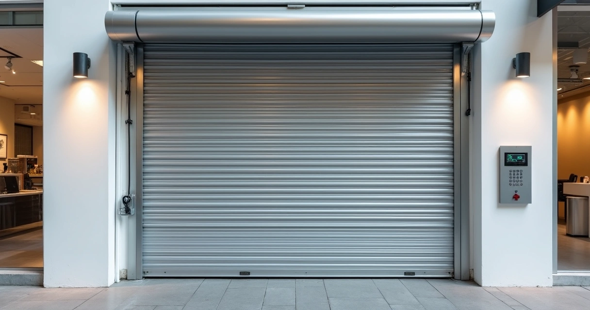 Porta de enrolar automática metálica instalada em fachada de comércio moderno 