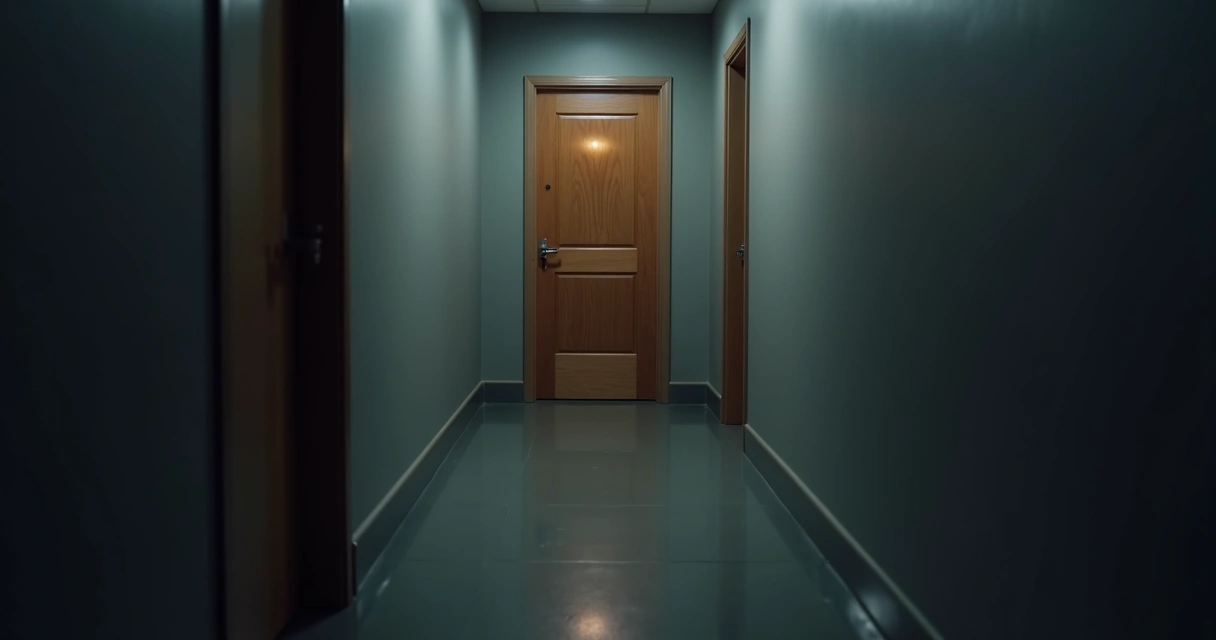 Corredor escuro com uma porta fechada iluminada ao fundo 