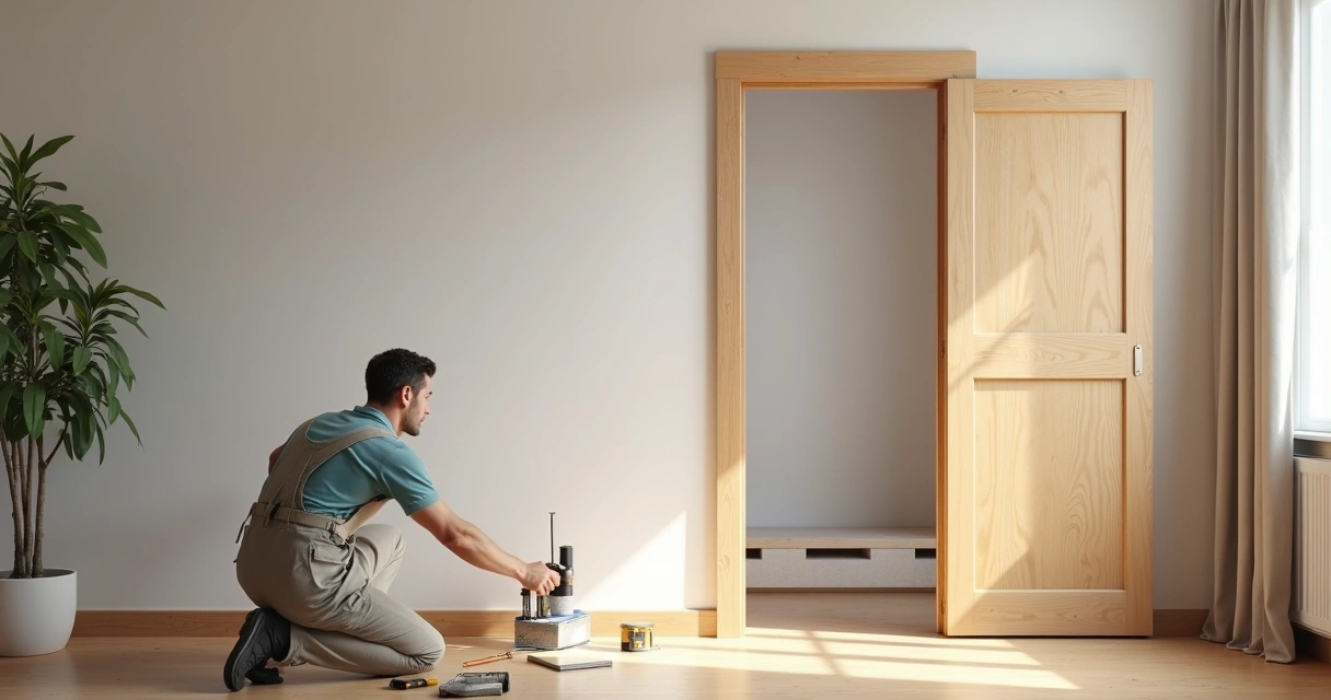 Instalação de nova porta de madeira em ambiente residencial 