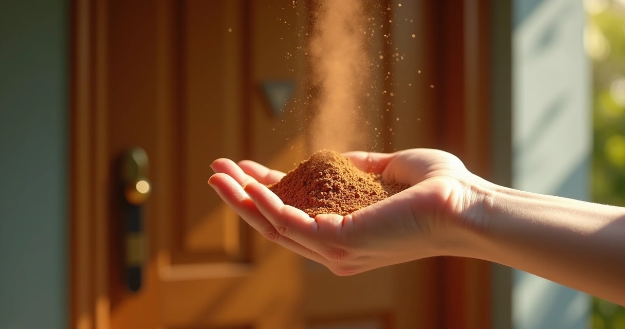 Pessoa soprando canela em pó diante da porta de casa 