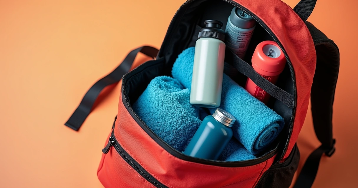 Porta-suprimentos fitness ao lado de itens de academia na mochila 