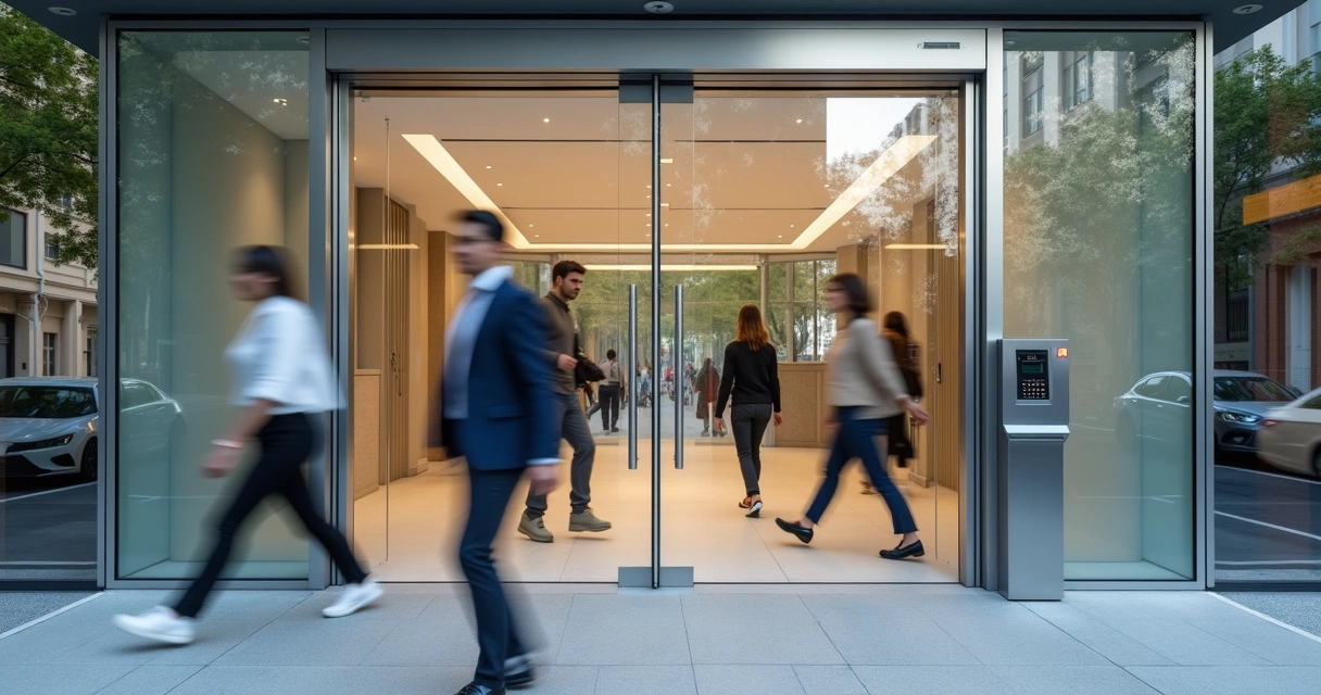 Porta de vidro automática em entrada de comércio moderna com pessoas passando 