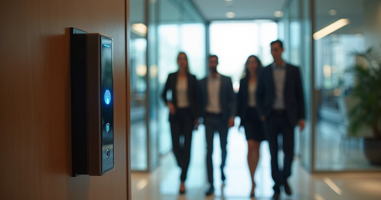 Sistema biométrico instalado em porta automática de vidro moderna 