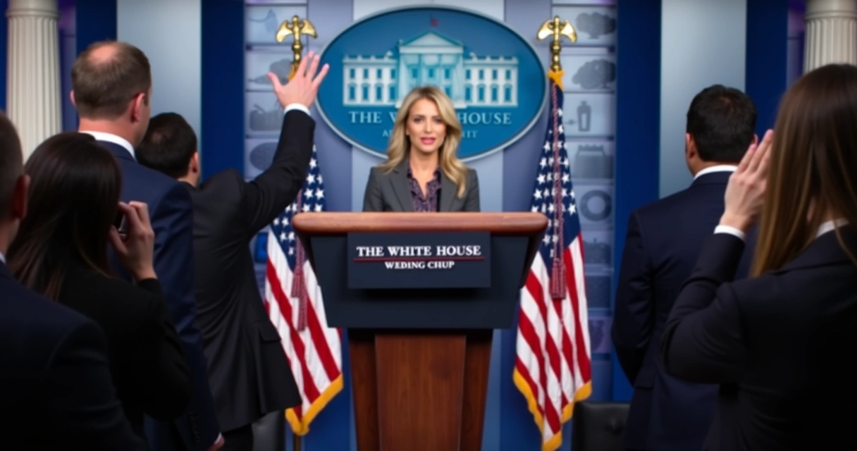 Porta-voz em púlpito com símbolo da Casa Branca e jornalistas 