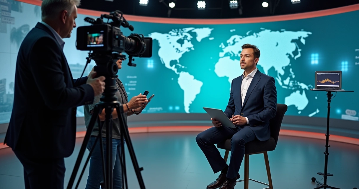 Executivo sendo preparado para entrevista ao vivo em estúdio de TV moderno 